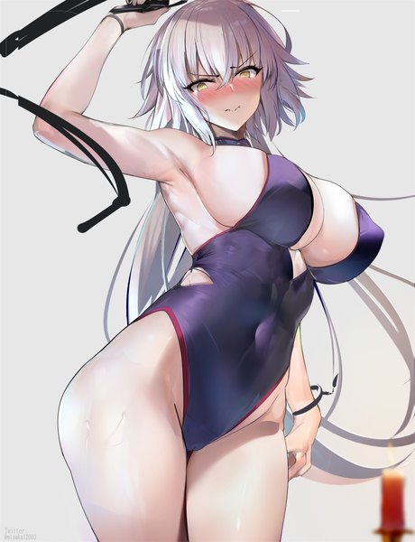 Anime picture 900x1174 with fate (series) fate/grand order jeanne d'arc (fate) (all) jeanne d'arc alter (fate) misaka 12003-gou single long hair tall image looking at viewer blush fringe breasts light erotic hair between eyes standing holding yellow eyes silver hair very long hair multicolored hair