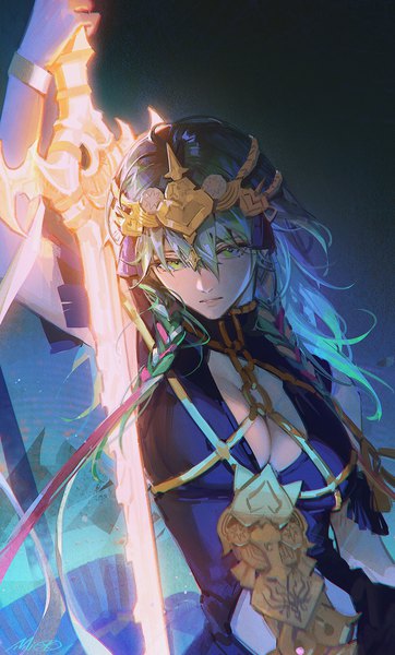 Anime picture 1206x2000 with fire emblem fire emblem: three houses nintendo byleth (fire emblem) byleth (female) (fire emblem) enlightened byleth (female) alzi xiaomi single long hair tall image looking at viewer fringe breasts hair between eyes holding green eyes signed upper body braid (braids) parted lips
