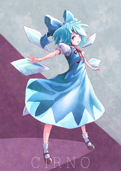 Anime picture 707x1000 with touhou cirno satyuas single tall image looking at viewer short hair open mouth blue eyes blue hair full body character names spread arms girl dress bow hair bow wings socks shoes