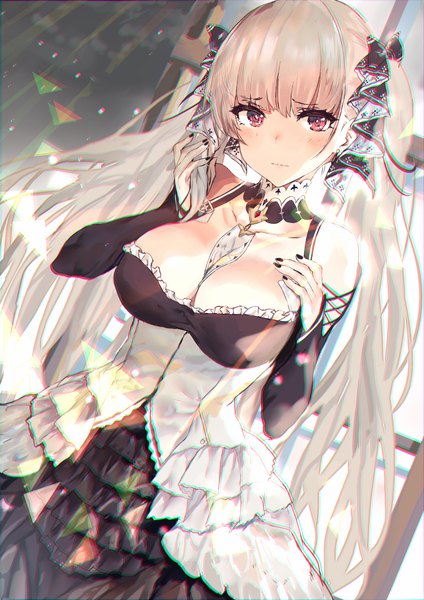 Anime picture 989x1400 with azur lane formidable (azur lane) temir single tall image looking at viewer blush fringe breasts light erotic red eyes large breasts standing twintails bare shoulders cleavage blunt bangs very long hair nail polish grey hair
