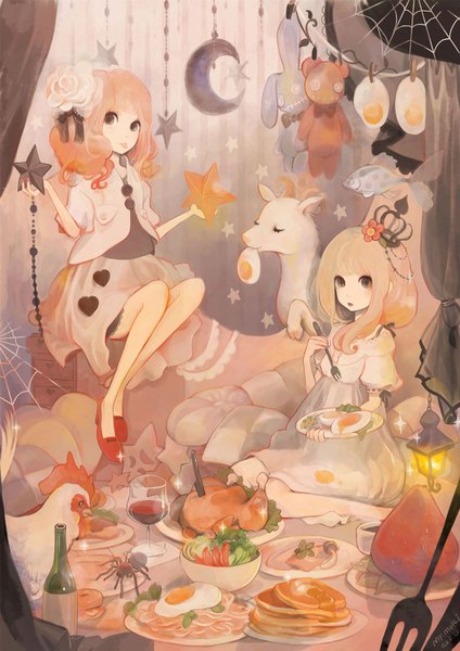 Anime picture 1200x1699 with xxxxaki long hair tall image open mouth sitting multiple girls brown eyes pink hair hair flower girl hair ornament 2 girls food tongue star (symbol) fish (fishes) crown bottle berry (berries) lantern