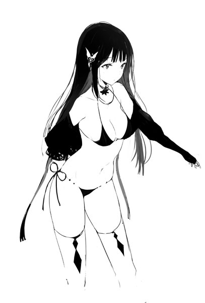 Anime picture 617x910 with original lpip single long hair tall image fringe breasts light erotic simple background white background looking away cleavage upper body long sleeves monochrome arm behind back sketch girl thighhighs navel