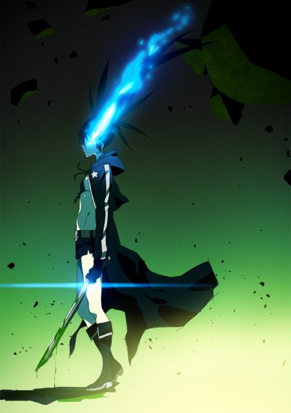 イラスト 848x1200 と ブラック★ロックシューター black rock shooter (character) tom skender ソロ 長髪 長身像 黒髪 立つ holding プロフィール open clothes open jacket bare belly 影 falling 女の子 武器 剣 ジャケット ショーツ