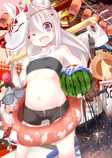 Anime picture 1157x1636 with original moe2014 sukage single long hair tall image blush open mouth light erotic red eyes animal ears white hair tail animal tail one eye closed wink teeth fang (fangs) mask on head girl