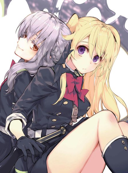 Anime picture 784x1057 with owari no seraph wit studio hiiragi shinoa sanguu mitsuba long hair tall image looking at viewer blush fringe blonde hair simple background hair between eyes sitting twintails purple eyes multiple girls brown eyes silver hair bent knee (knees) braid (braids)