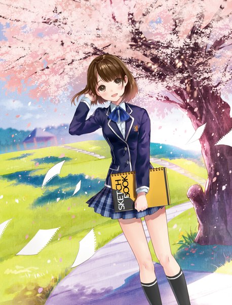 Anime picture 700x918 with original hanekoto single tall image looking at viewer blush short hair open mouth smile brown hair standing holding brown eyes head tilt pleated skirt wind sunlight text cherry blossoms adjusting hair