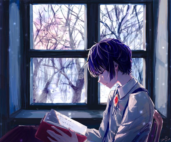 Anime picture 2000x1664 with original kokugom single fringe highres short hair sitting purple eyes holding signed purple hair upper body indoors blunt bangs profile dated looking down bare tree reading boy