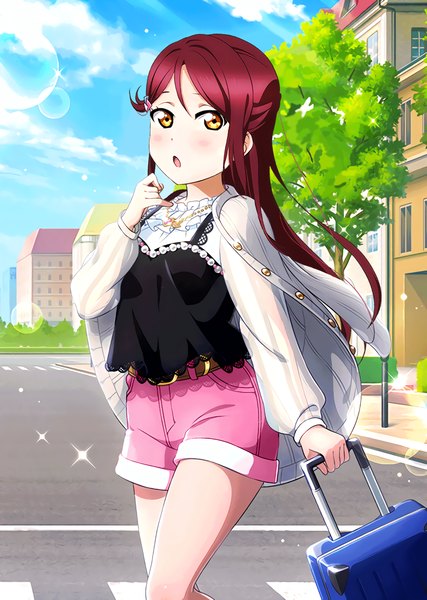 Anime picture 1024x1440 with love live! sunshine!! sunrise (studio) love live! sakurauchi riko ink (pixiv25450915) single long hair tall image looking at viewer blush fringe open mouth hair between eyes holding yellow eyes sky cloud (clouds) bent knee (knees) outdoors red hair
