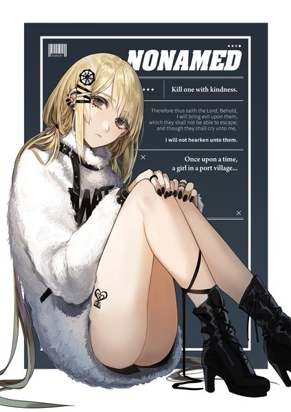 Anime picture 1200x1697 with original kim eb single long hair tall image looking at viewer fringe light erotic blonde hair simple background hair between eyes sitting brown eyes payot bent knee (knees) nail polish fingernails mole tattoo high heels