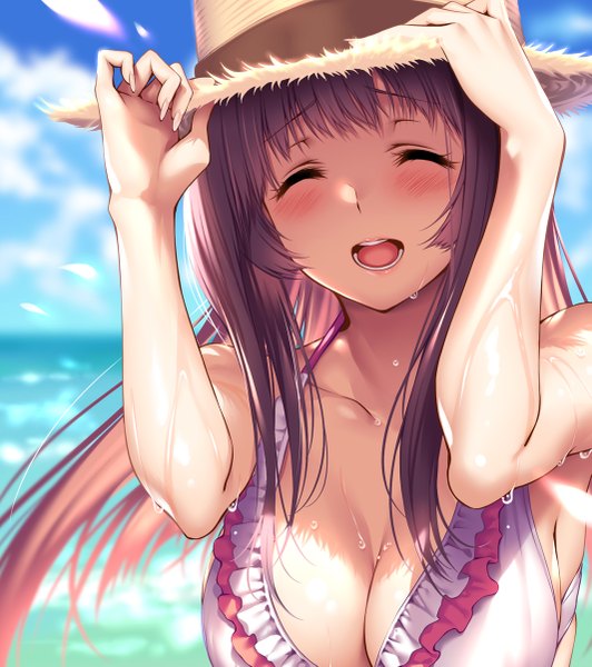 Anime picture 1065x1201 with hanikami kanojo shizuki neru piromizu single long hair tall image blush fringe breasts open mouth light erotic smile large breasts bare shoulders sky cleavage purple hair cloud (clouds) upper body blunt bangs