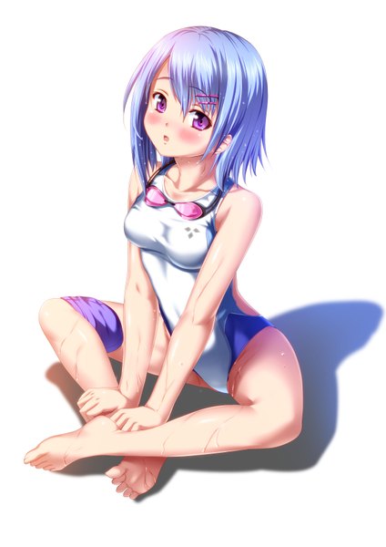 Anime picture 2480x3507 with original kukuri (ahagon) single tall image looking at viewer blush highres short hair breasts open mouth light erotic simple background white background sitting purple eyes bare shoulders blue hair barefoot bare legs :o