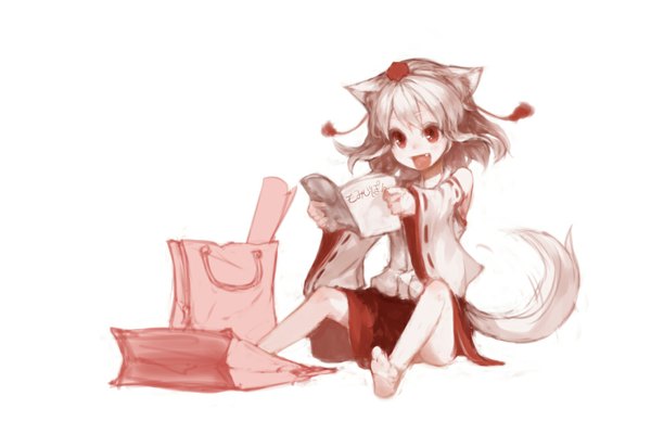 Anime picture 1109x719 with touhou inubashiri momiji junwool single blush short hair open mouth simple background smile red eyes white background sitting holding animal ears white hair tail traditional clothes japanese clothes teeth fang (fangs)