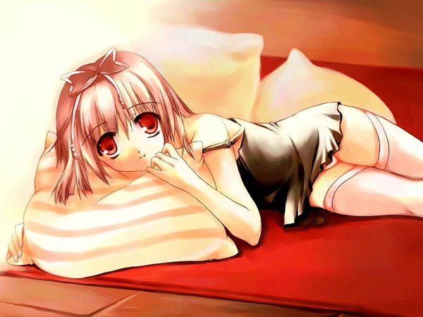 Anime picture 1280x960 with short hair light erotic brown hair brown eyes lying on side strap slip thighhighs underwear panties ribbon (ribbons) hair ribbon white thighhighs lingerie pillow pink panties camisole