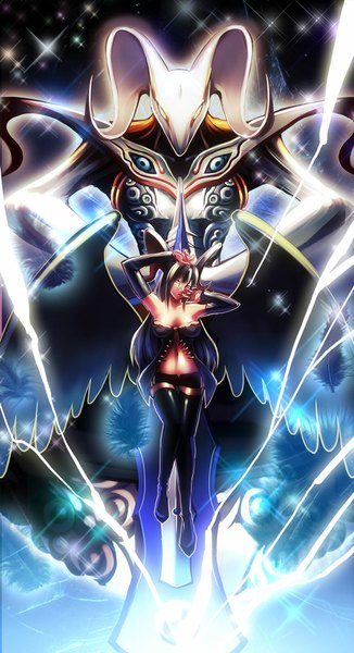 Anime picture 600x1103 with ito mijinko single long hair tall image breasts black hair bare shoulders yellow eyes blue hair multicolored hair horn (horns) grey hair glowing demon girl black wings demon lightning girl navel detached sleeves