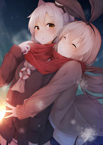 Anime picture 1213x1692 with kantai collection shimakaze destroyer amatsukaze destroyer waterdog long hair tall image blush fringe short hair light erotic blonde hair smile hair between eyes twintails multiple girls brown eyes yellow eyes looking away silver hair eyes closed