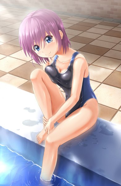 Anime picture 784x1200 with original takuya kame single tall image blush short hair blue eyes light erotic smile bare shoulders purple hair girl swimsuit one-piece swimsuit school swimsuit