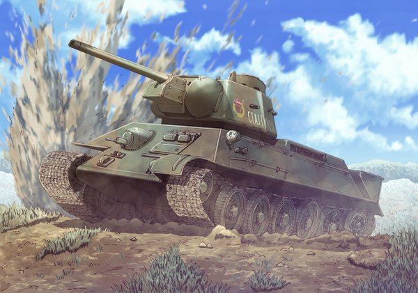 Anime picture 1200x843 with original earasensha sky cloud (clouds) war weapon gun ground vehicle tank caterpillar tracks t-34