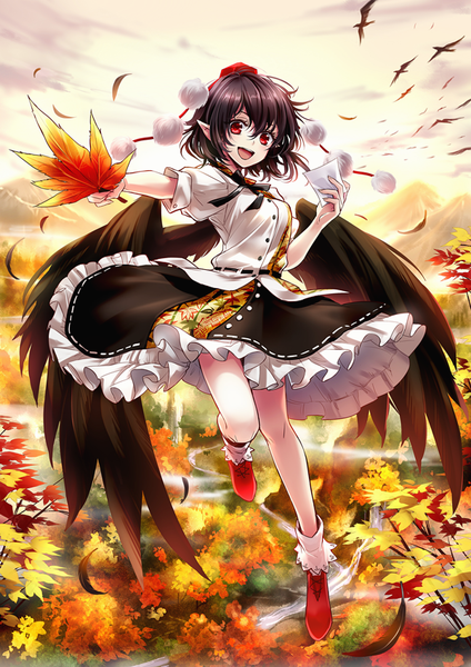 Anime picture 601x850 with touhou shameimaru aya ria single tall image looking at viewer fringe short hair open mouth black hair hair between eyes red eyes full body pointy ears flying black wings frilly skirt autumn girl animal
