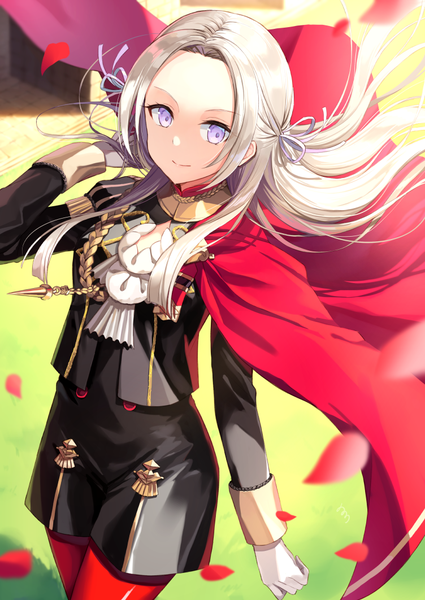 Anime picture 752x1062 with fire emblem fire emblem: three houses nintendo edelgard von hresvelg nonono (nononotea) single long hair tall image smile standing purple eyes signed looking away silver hair outdoors long sleeves arm up wind girl gloves