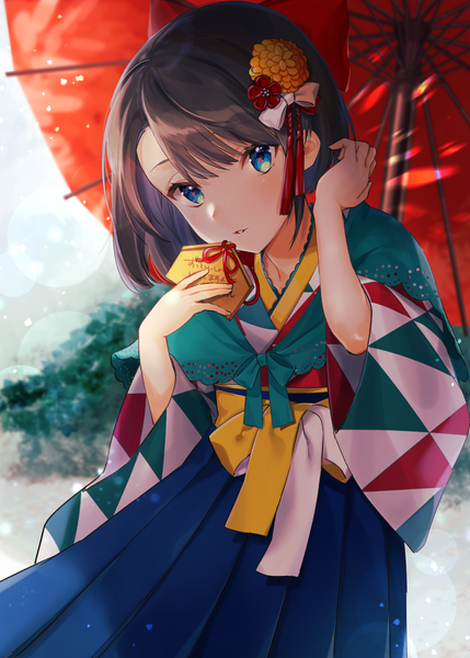 Anime picture 1036x1450 with virtual youtuber hololive oozora subaru oozora subaru (4th costume) nokachoco114 single tall image looking at viewer blush fringe short hair blue eyes hair between eyes brown hair standing holding outdoors traditional clothes parted lips head tilt