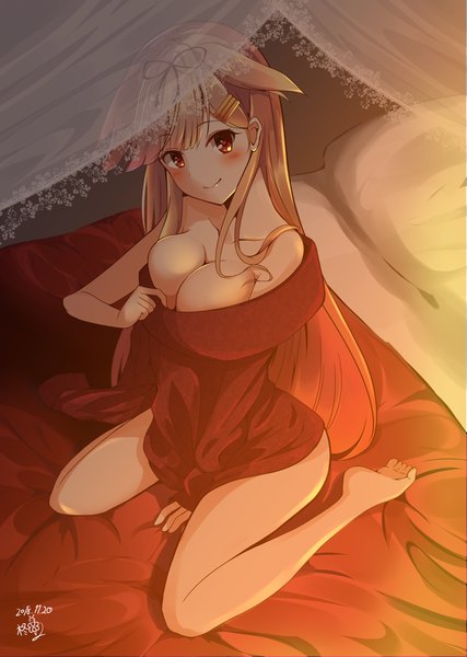 Anime picture 1275x1791 with kantai collection yuudachi destroyer amagami (makise tsubaki) single long hair tall image looking at viewer blush breasts light erotic blonde hair smile red eyes sitting signed full body ahoge head tilt from above off shoulder