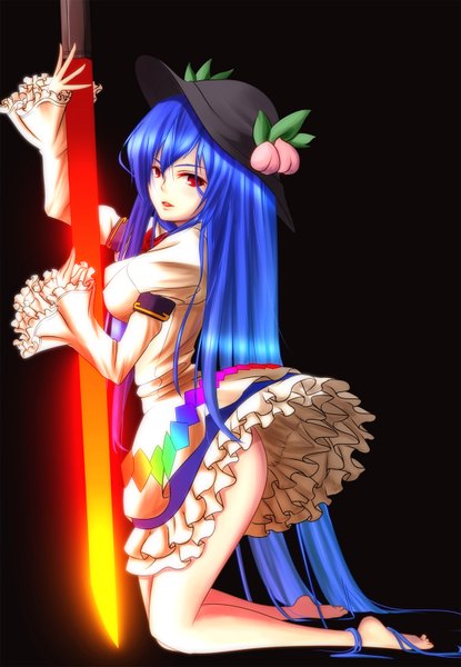 Anime picture 1080x1560 with touhou hinanawi tenshi untue single long hair tall image red eyes blue hair kneeling girl dress hat sword katana