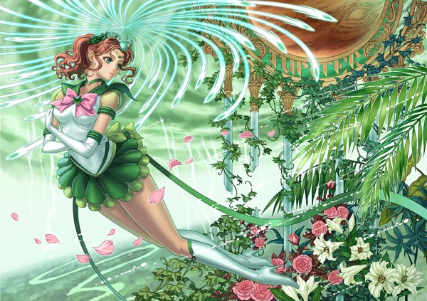 Anime picture 992x701 with bishoujo senshi sailor moon toei animation kino makoto sailor jupiter eclosion single long hair brown hair green eyes ponytail crossed arms curly hair girl gloves flower (flowers) ribbon (ribbons) bow plant (plants) petals elbow gloves