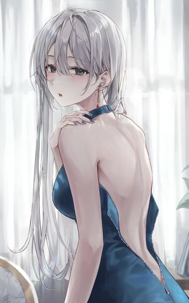 Anime picture 2000x3201 with original ekina (1217) single long hair tall image looking at viewer blush fringe highres breasts open mouth hair between eyes standing bare shoulders silver hair indoors nail polish from behind grey eyes turning head