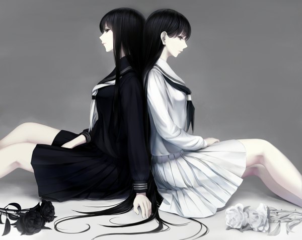 Anime picture 1280x1019 with original erise long hair black hair simple background sitting multiple girls looking away profile black eyes back to back girl skirt uniform flower (flowers) 2 girls serafuku