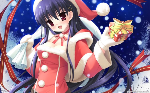 Anime picture 1920x1200 with natsu no ame segawa rikako kanekiyo miwa single long hair blush highres open mouth black hair red eyes wide image fur trim snowing christmas winter snow merry christmas girl fur gift