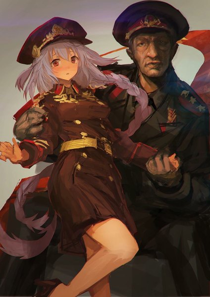 Anime picture 900x1273 with original lm7 (op-center) tall image looking at viewer blush red eyes braid (braids) very long hair grey hair single braid sketch soldier girl boy uniform military uniform cap