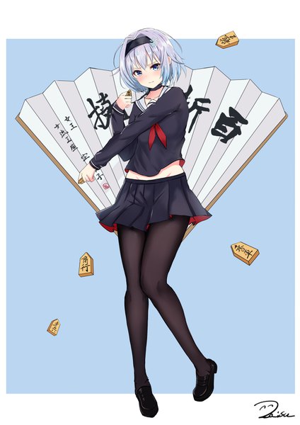 Anime picture 2480x3507 with ryuuou no oshigoto! sora ginko xiao dao jun single tall image looking at viewer blush fringe highres short hair simple background hair between eyes standing holding signed blue hair full body long sleeves pleated skirt midriff