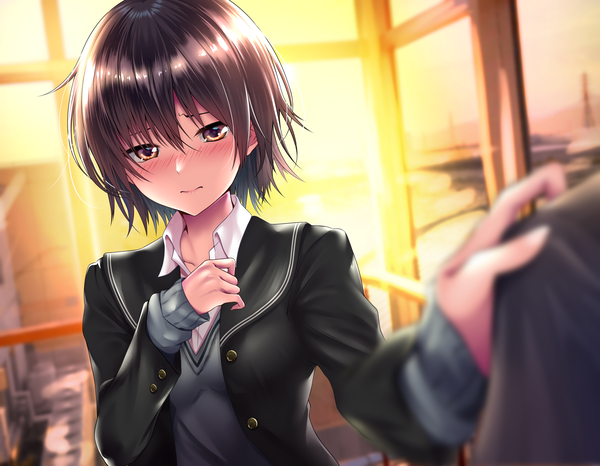 Anime picture 4350x3375 with amagami nanasaki ai rairaisuruyo blush fringe highres short hair breasts black hair hair between eyes brown eyes absurdres upper body indoors long sleeves blurry open clothes embarrassed evening sunset