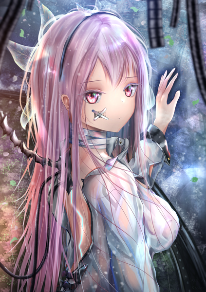 Anime picture 3496x4960 with original kayjae single long hair tall image looking at viewer fringe highres light erotic purple eyes absurdres purple hair upper body long sleeves turning head bandaid on face cyberpunk girl headband transparent clothing