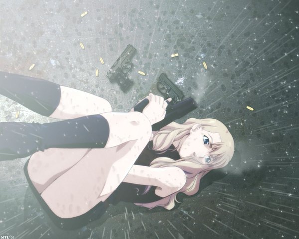 Anime picture 1280x1024 with noir mireille bouquet single long hair open mouth blue eyes light erotic blonde hair bare shoulders lying from above on back sleeveless rain leg lift (legs lift) girl weapon boots gun pistol