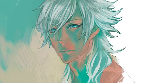 Anime picture 1000x563 with magi the labyrinth of magic a-1 pictures sharrkan npn single long hair simple background wide image silver hair aqua eyes dark skin close-up face sketch boy