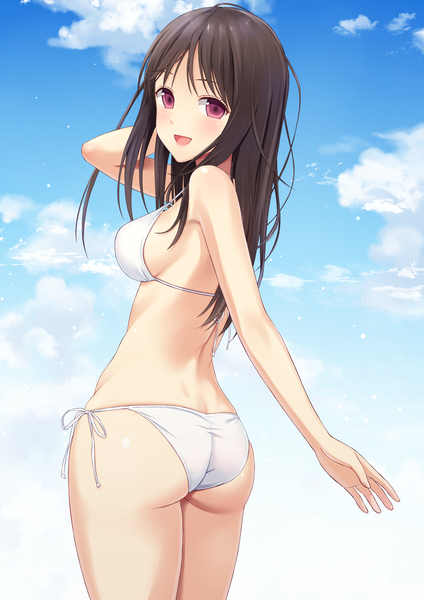 Anime picture 2895x4095 with original n.g. single long hair tall image looking at viewer blush fringe highres breasts open mouth light erotic smile brown hair large breasts standing sky cloud (clouds) outdoors ass