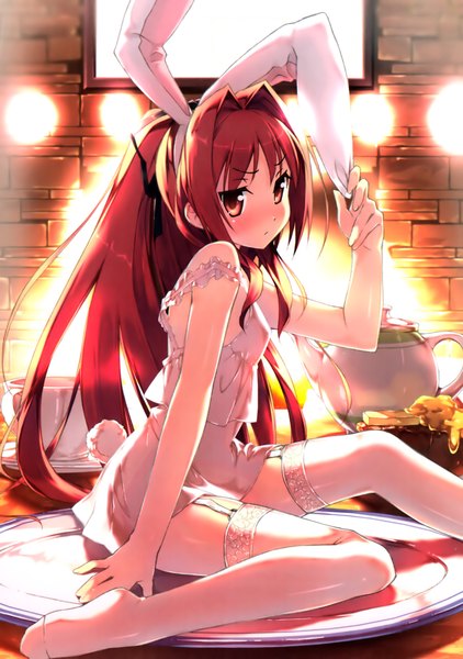 Anime picture 3004x4269 with kantoku single long hair tall image blush highres light erotic red eyes brown hair sitting bare shoulders brown eyes animal ears red hair bunny ears bunny girl bunny tail girl thighhighs white thighhighs