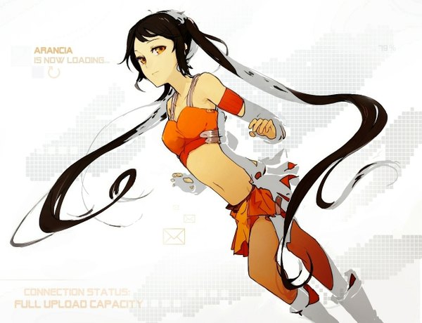 Anime picture 1249x959 with arancia project original arancia francisco valle single looking at viewer black hair simple background white background twintails bare shoulders very long hair inscription orange eyes girl navel