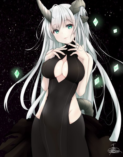 Anime picture 1172x1500 with original suzume (simple0091) single long hair tall image looking at viewer blush breasts light erotic large breasts standing bare shoulders green eyes signed silver hair head tilt horn (horns) glowing black background cleavage cutout