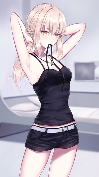 Anime picture 1080x1920 with fate (series) fate/grand order artoria pendragon (all) saber alter meltymaple single long hair tall image blush fringe breasts blonde hair hair between eyes standing holding yellow eyes looking away indoors arms up armpit (armpits)
