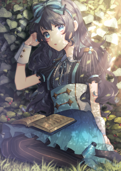 Anime picture 694x982 with original ailm single long hair tall image looking at viewer blush fringe blue eyes black hair sitting nail polish parted lips fingernails sunlight arm support :o short sleeves high heels puffy sleeves