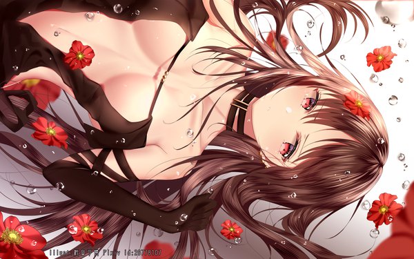 Anime picture 4000x2500 with fate (series) fate/grand order yu mei-ren (fate) junpaku karen single long hair looking at viewer blush fringe highres breasts light erotic simple background hair between eyes red eyes brown hair large breasts bare shoulders signed absurdres