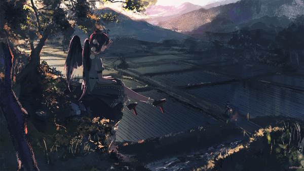 Anime picture 1609x905 with touhou shameimaru aya saltlaver short hair black hair red eyes brown hair wide image sitting signed looking away sky full body profile from above pointy ears shadow short sleeves puffy sleeves watermark