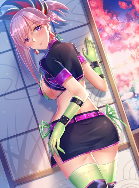 Anime picture 2551x3437 with fate (series) fate/grand order miyamoto musashi (fate) florence nightingale (fate) florence nightingale (trick or treatment) (fate) sannio single long hair tall image blush fringe highres breasts light erotic smile hair between eyes large breasts standing purple eyes looking away