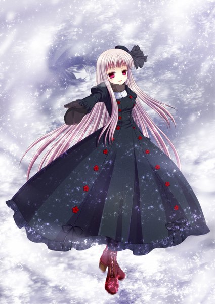Anime picture 1253x1770 with original asazuki kanai single long hair tall image red eyes silver hair full body loli snowing winter girl dress hat