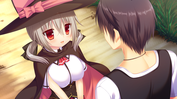 Anime picture 2048x1152 with natsu no majo no parade amatsu yukito alisa crowley long hair blush highres short hair open mouth red eyes wide image game cg grey hair witch girl boy hat witch hat