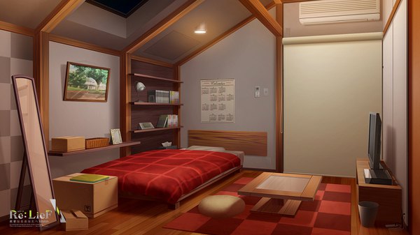 Anime picture 1280x720 with re:lief ebisutaro wide image inscription copyright name no people checkered pillow book (books) bed table lamp shelf mirror bookshelf picture box calendar bedroom television