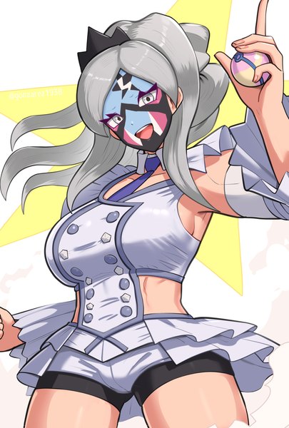 Anime picture 1568x2325 with pokemon pokemon (game) pokemon sv nintendo eri (pokemon) gonzarez single long hair tall image looking at viewer open mouth light erotic silver hair ponytail head tilt :d silver eyes face paint girl detached sleeves