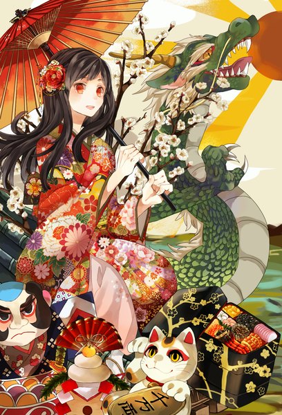 Anime picture 1192x1753 with original henachoko long hair tall image looking at viewer blush open mouth black hair smile red eyes holding japanese clothes hair flower horn (horns) teeth new year sharp teeth plum blossoms girl hair ornament